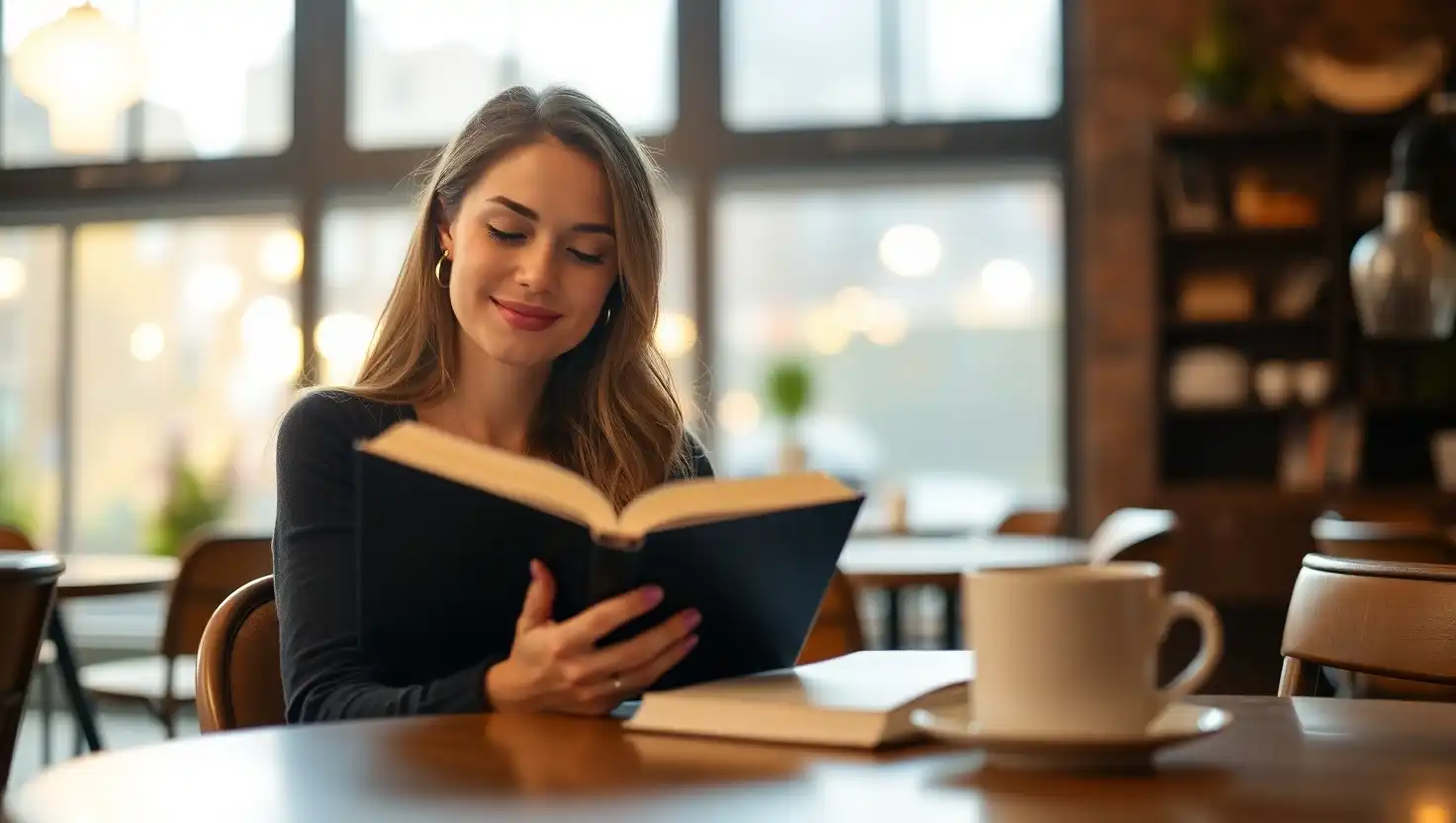 A person sitting cozily in a room with shelves full of books, holding a warm cup of coffee while reading Rise and Shine book